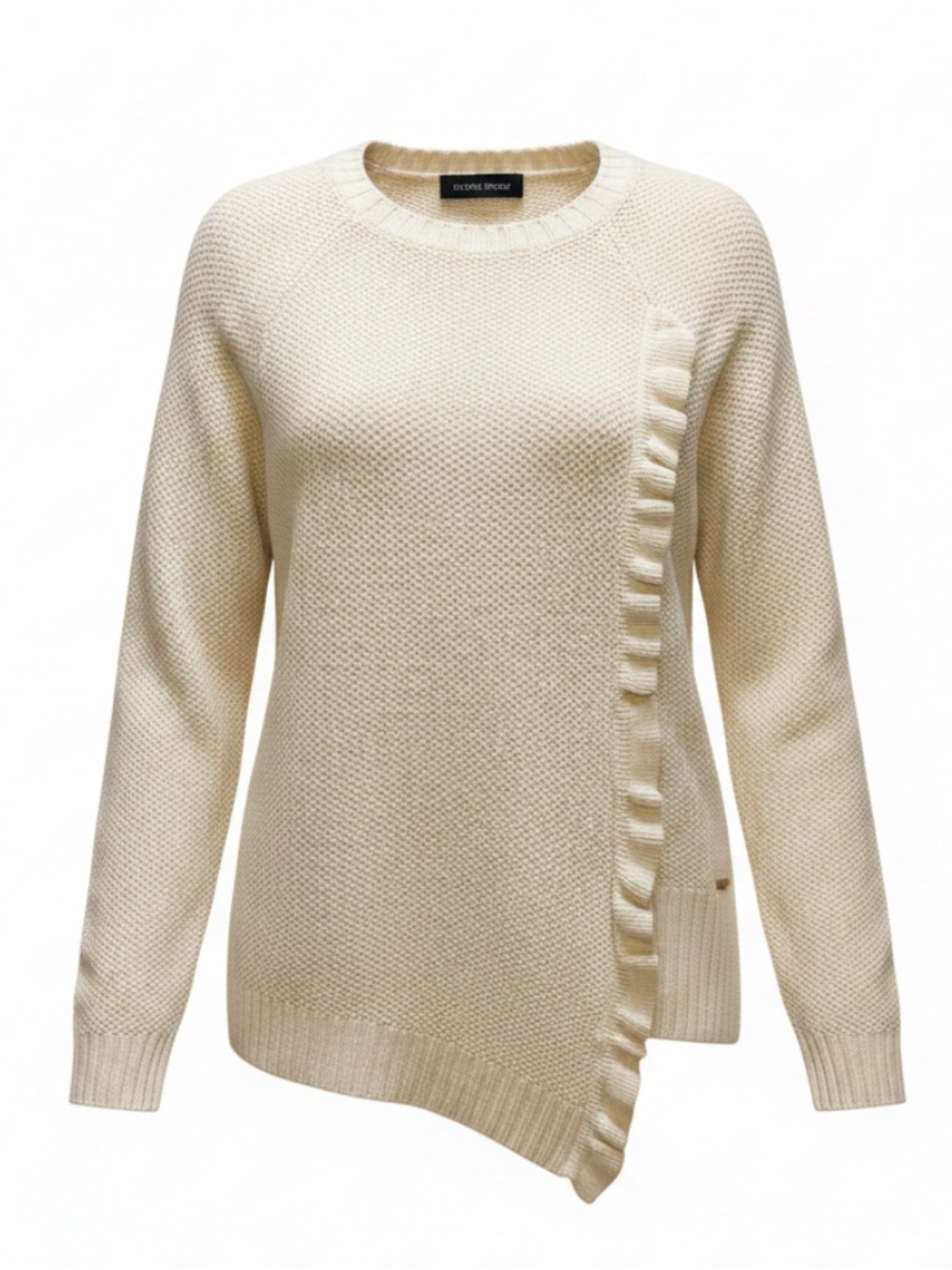 Ivanka Trump Cream Asymmetric Ruffle Crewneck Sweater. Medium